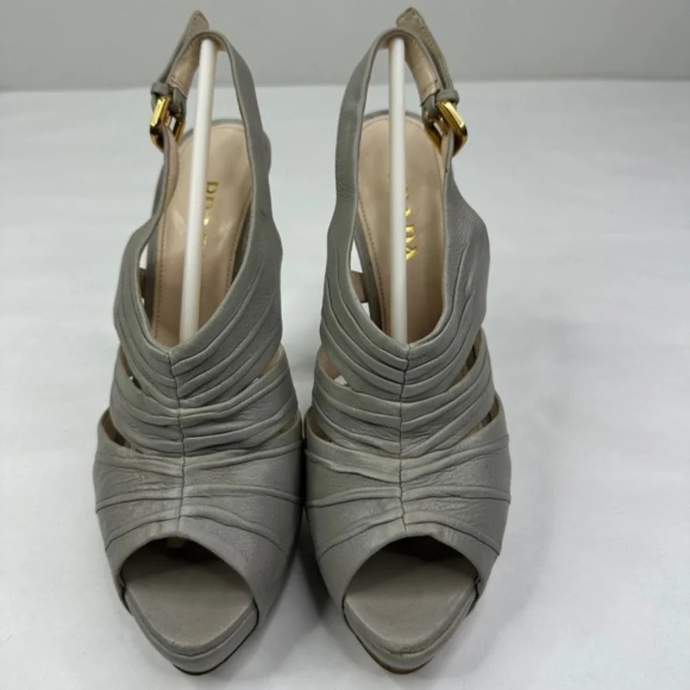 Prada Grey Leather Ruched Peep Toe Slingback Platform Stiletto Heel EU 37.5/US 7